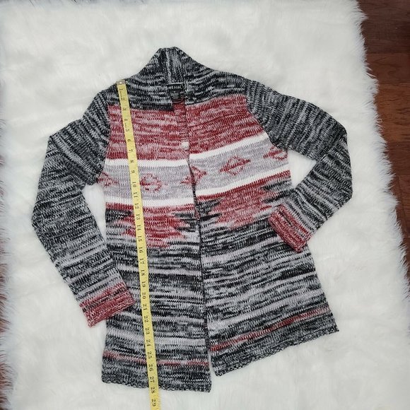 Wet Seal Open Cardigan Long Sleeve Sweater Black Red White Aztec Size Medium - Picture 3 of 6